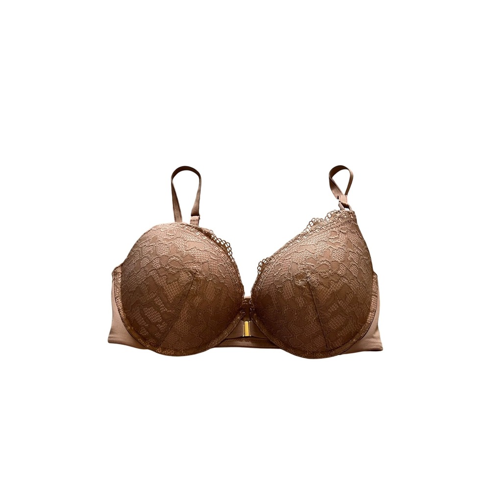Soma Embraceable Push Up Bra 34DD Brown Tan Floral Lace Front Close 5706